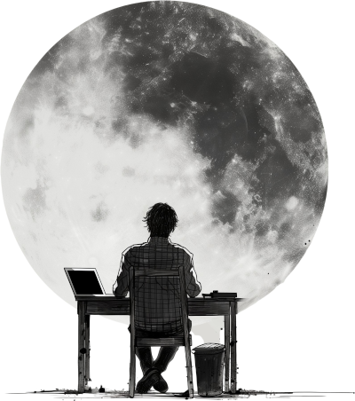 writer behind desk looking at the whole of the moon