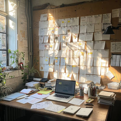 writer's desk with plotcards on wall